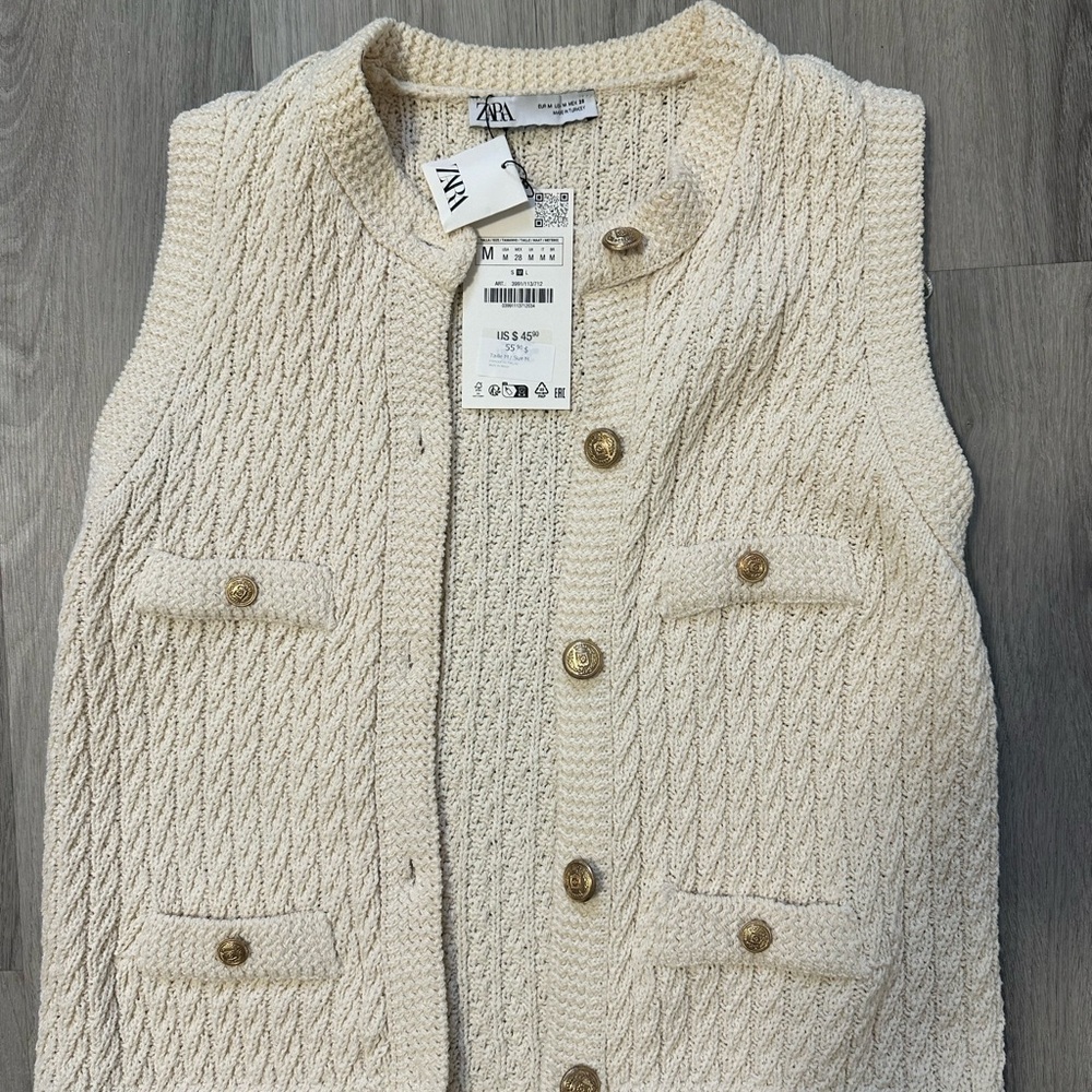 Zara Beige Knit Vest with Metallic Buttons